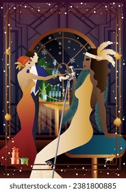 Woman in a vintage dress with a retro microphone at the window. The singer s performance at the New Year s holiday. People are dancing. Concept for holiday, winter holidays, New Year, Christmas
