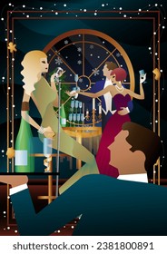 Woman in a vintage dress with a retro microphone at the window. The singer s performance at the New Year s holiday. People are dancing. Concept for holiday, winter holidays, New Year, Christmas