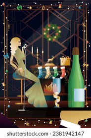 Woman in a vintage dress with a retro microphone at the fireplace. The singer s performance at the New Year s holiday. Concept for holiday, winter holidays, New Year, Christmas