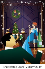 Woman in a vintage dress with a retro microphone at the fireplace. The singer s performance at the New Year s holiday. Concept for holiday, winter holidays, New Year, Christmas
