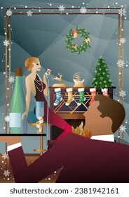 Woman in a vintage dress with a retro microphone at the fireplace. The singer s performance at the New Year s holiday. Concept for holiday, winter holidays, New Year, Christmas
