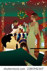 Woman in a vintage dress with a retro microphone at the fireplace. The singer s performance at the New Year s holiday. Concept for holiday, winter holidays, New Year, Christmas
