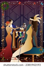 Woman in a vintage dress with a retro microphone at the fireplace. The singer s performance at the New Year s holiday. Concept for holiday, winter holidays, New Year, Christmas