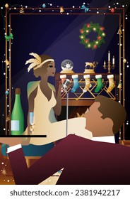 Woman in a vintage dress with a retro microphone at the fireplace. The singer s performance at the New Year s holiday. Concept for holiday, winter holidays, New Year, Christmas