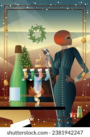 Woman in a vintage dress with a retro microphone at the fireplace. The singer s performance at the New Year s holiday. Concept for holiday, winter holidays, New Year, Christmas