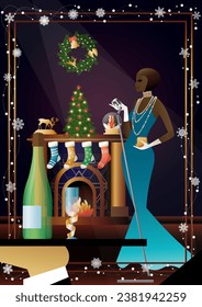 Woman in a vintage dress with a retro microphone at the fireplace. The singer s performance at the New Year s holiday. Concept for holiday, winter holidays, New Year, Christmas