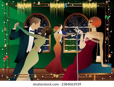 Woman in a vintage dress with a retro microphone at the window. The singer s performance at the New Year s holiday. People are dancing. Concept for holiday, winter holidays, New Year, Christmas