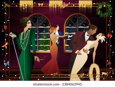 Woman in a vintage dress with a retro microphone at the window. The singer s performance at the New Year s holiday. People are dancing. Concept for holiday, winter holidays, New Year, Christmas