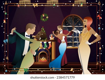 Woman in a vintage dress with a retro microphone at the fireplace. The singer s performance at the New Year s holiday. Concept for holiday, winter holidays, New Year, Christmas