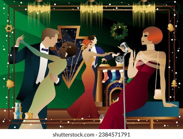 Woman in a vintage dress with a retro microphone at the fireplace. The singer s performance at the New Year s holiday. Concept for holiday, winter holidays, New Year, Christmas