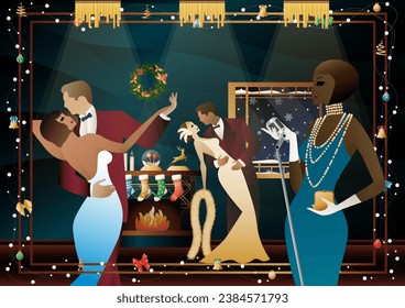 Woman in a vintage dress with a retro microphone at the fireplace. The singer s performance at the New Year s holiday. Concept for holiday, winter holidays, New Year, Christmas