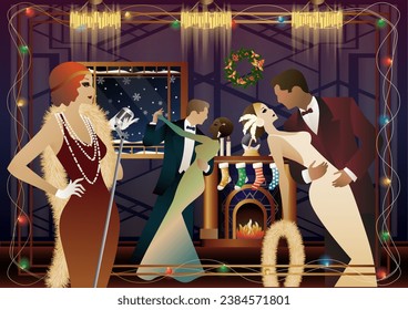 Woman in a vintage dress with a retro microphone at the fireplace. The singer s performance at the New Year s holiday. Concept for holiday, winter holidays, New Year, Christmas