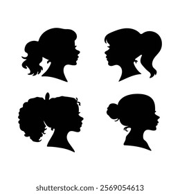 Woman vintage side faces black silhouette portrait. Vector profile black portrait illustration, young beautiful people, stylish model