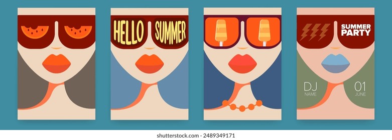 Woman with vintage sunglasses with watermelon and ice cream reflection. Summer pop art vacations background patterns and posters set. Perfect summer background for posters, cover art, flyer, banner.