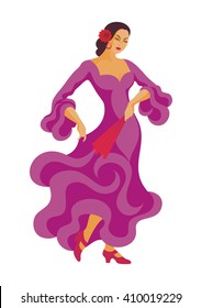 the woman in a violet dress dances a flamenco