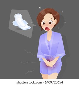 The woman in violet nightdress think of sanitary napkins for the day of Menses, irregular menses, Concepts for illustration and vector design