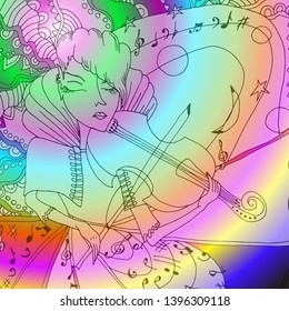 Woman with a violin, sketch drawn by hand. Psychedelic, lysergic, acid