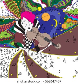 Woman with a violin. Violinist An alien with pink hair. Planets and notes are intertwined and twisted. Abstract psychedelic pattern. Clear outline. Freehand sketch. Bright, colored illustration.
