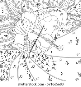 Woman with a violin. Violinist Planets and notes are intertwined and twisted. Abstract psychedelic pattern. Black outline on a white background. Freehand sketch.