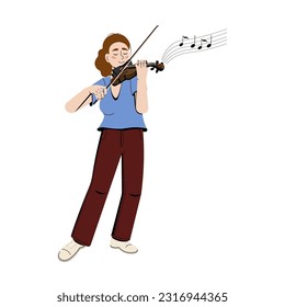 Woman violinist playing, beautiful girl holding a violin. Flat vector illustration.
