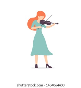 Woman violinist playing a classic concert, beautiful girl holding a violin. Flat vector illustration.