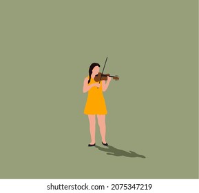 Woman violinist in yellow dress playing violin on street. Music instrument player illustration. Street musician.