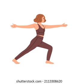 Woman in Virabhadrasana II or Warrior Pose. Yoga asanas. Vector hand drawn illustration in cartoon flat style. Isolated on white background.