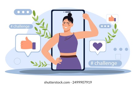 Woman with viral challenge. Girl in sportswear stands in front of camera. Popular video blogger and content creator. Promotion on social networks. Flat vector illustration isolated on white background