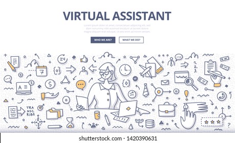 Woman virtual assistant with laptop provides various services to businesses: administrative work, customer service, research assistant, dropshipping specialist, digital marketing, data entering