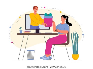 Mujer con regalo virtual. El cliente recibe el regalo de la compañía. Descuentos y promociones, ofertas especiales. Marketing y publicidad en internet. Ilustración vectorial plana aislada sobre fondo blanco