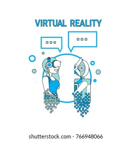 Woman In Virtual Reality Communicating With Robot Wearing Vr Glasses Modern Gadgets Technology Concept Vector Illustration