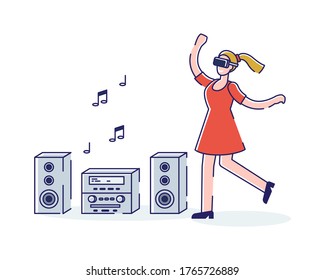 Woman in virtual reality glasses dancing. Happy girl wearing digital vr headset has dance simulation. Augmented reality modern technology and cyberspace concept. Cartoon linear vector illustration