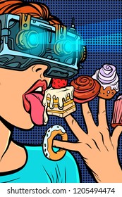 woman in virtual reality glasses eating sweets. cake cupcake donut marshmallow. Pop art retro vector illustration vintage kitsch