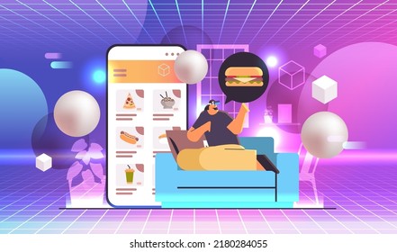 Woman In Virtual Reality Glasses Ordering Food In Mobile App On Smartphone Screen Vr Vision Headset Innovation Metaverse