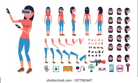 Woman In Virtual Reality Glasses Vector. Animated Character Creation Set. 3D VR Glasses. Full Length, Front, Side, Back View, Accessories, Poses, Emotions, Gestures. Virtual Reality Flat Illustration