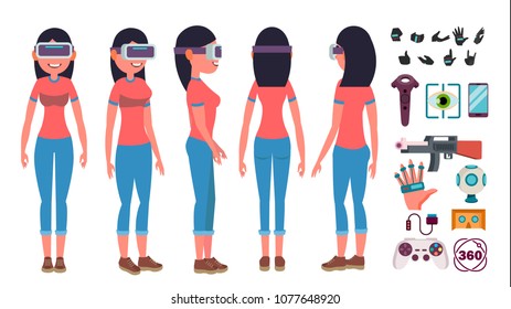 Woman In Virtual Reality Glasses Vector. Cyberspace Concept. 3D VR Glasses. Poses. Flat Illustration
