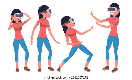 Woman In Virtual Reality Glasses Vector. Virtual Cyberspace. 3D VR Glasses. Vr Technology. In Action. Flat Illustration
