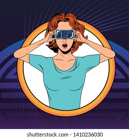 woman with virtual reality headset avatar cartoon character round icon with pop art background vector illustration graphic design