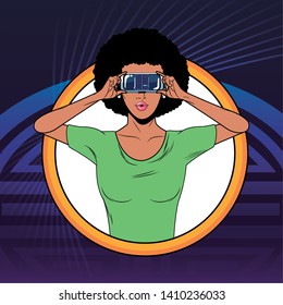 woman with virtual reality headset avatar cartoon character round icon with pop art background vector illustration graphic design