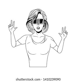 woman with virtual reality headset avatar cartoon character black and white vector illustration graphic design