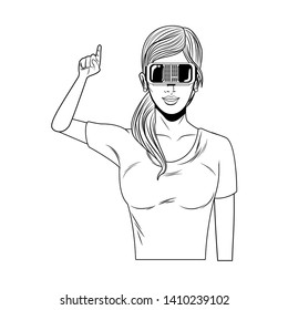 woman with virtual reality headset avatar cartoon character black and white vector illustration graphic design