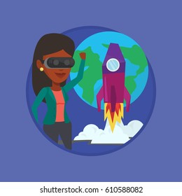 Woman in virtual reality headset flying in open space. Woman wearing futuristic virtual reality glasses and playing video game. Vector flat design illustration in the circle isolated on background.