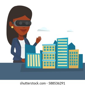 Woman in virtual reality headset getting into vr world. Woman developing architectural project of the city using virtual reality glasses. Vector flat design illustration isolated on white background.
