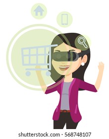 Woman in virtual reality headset looking at shopping cart icon. Woman doing online shopping. Virtual reality and shopping online concept. Vector flat design illustration isolated on white background.