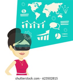 Mujer con casco de realidad virtual mirando la pantalla digital con gráficos de negocios. Mujer con casco de realidad virtual analizando datos visuales. Ilustración de diseño plana vectorial aislada en fondo blanco.