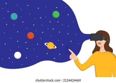 Woman in a Virtual Reality headset in outer Space. Concept of virtual reality, simulation, games and technology of the future. Flat style vector illustration.