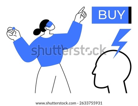 Woman in virtual reality headset pointing at Buy button, blue bolt striking head silhouette. Ideal for e-commerce, virtual reality, digital marketing, online shopping, consumer behavior, futuristic