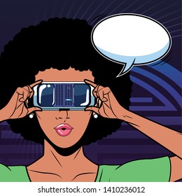 woman with virtual reality headset portrait and speech bubble avatar cartoon character with pop art background vector illustration graphic design