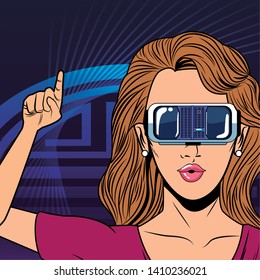 woman with virtual reality headset portrait avatar cartoon character with pop art background vector illustration graphic design