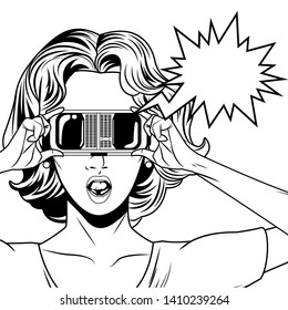 woman with virtual reality headset portrait and speech bubble avatar cartoon character black and white vector illustration graphic design